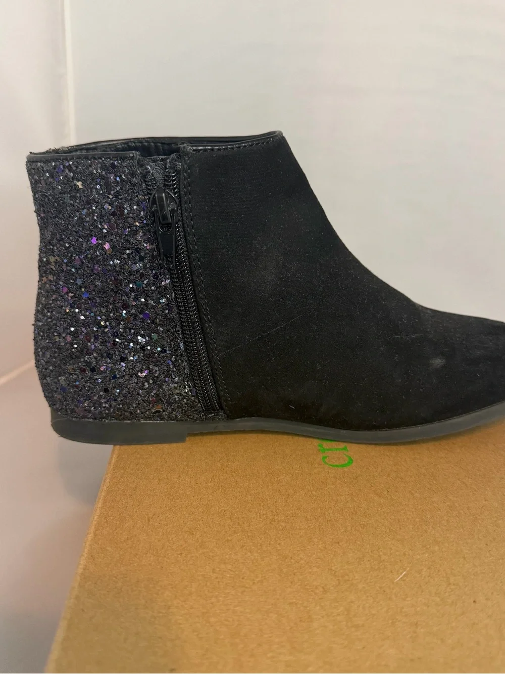 Crewcuts Black Suede Ankle Boots with Glitter Heel